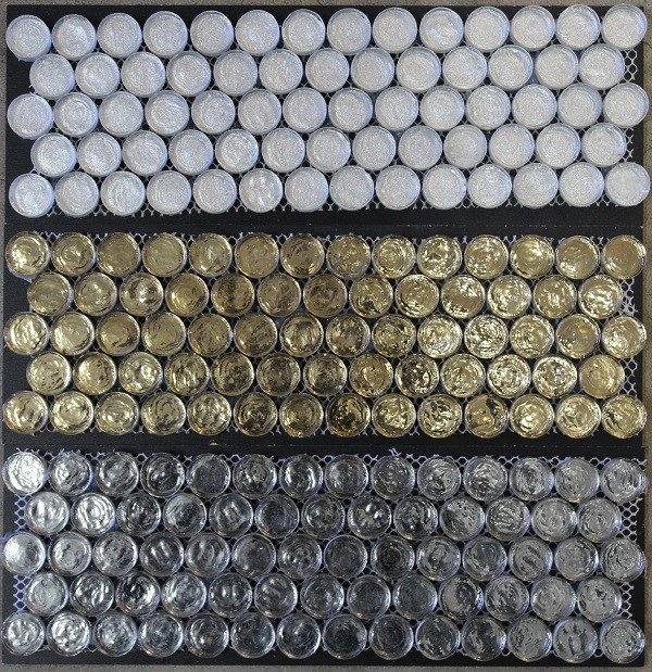 metallic backed glass penny round tiles